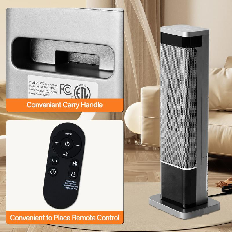 23Inch Indoor Space Heater with Color Changing Lights, 1500W Portable Oscillating Heater with 12H Timer, 3 Modes & Remote Control, Tip-Over & Overheat Protection for Office, Bedroom