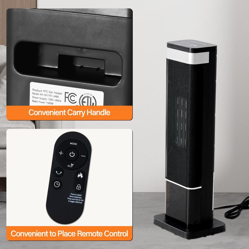 23Inch Indoor Space Heater with Color Changing Lights, 1500W Portable Oscillating Heater with 12H Timer, 3 Modes & Remote Control, Tip-Over & Overheat Protection for Office, Bedroom