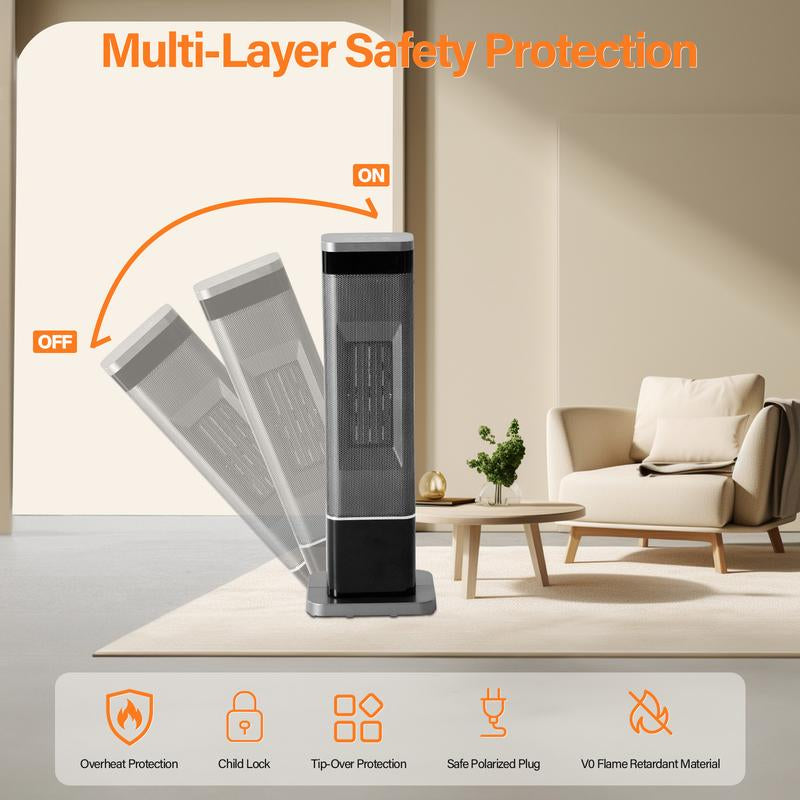 23Inch Indoor Space Heater with Color Changing Lights, 1500W Portable Oscillating Heater with 12H Timer, 3 Modes & Remote Control, Tip-Over & Overheat Protection for Office, Bedroom